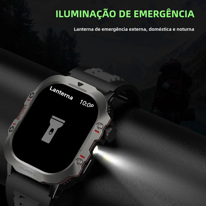 Smartwatch Masculino Outdoor 2.01" com Lanterna, Chamada BT e Monitor de Saúde