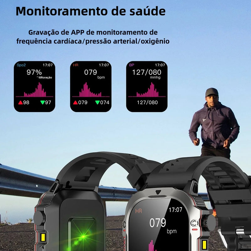 Smartwatch Masculino Outdoor 2.01" com Lanterna, Chamada BT e Monitor de Saúde