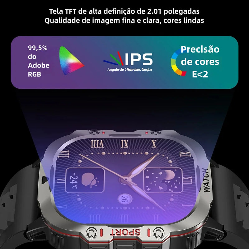 Smartwatch Masculino Outdoor 2.01" com Lanterna, Chamada BT e Monitor de Saúde